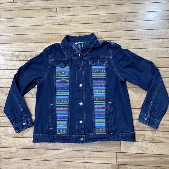TANTRUMS Jean Jacket Women M Rainbow Boho Floral Tribal Aztec Western Blue Denim - Picture 10 of 16